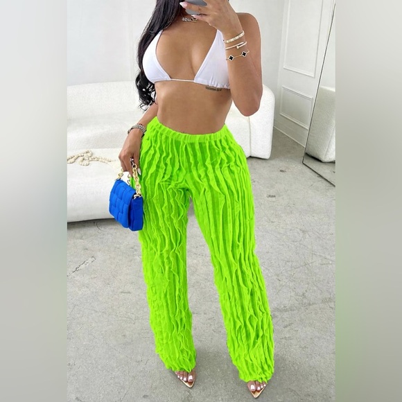 Pants - Wide Leg Textured Pants in Neon Green - Women